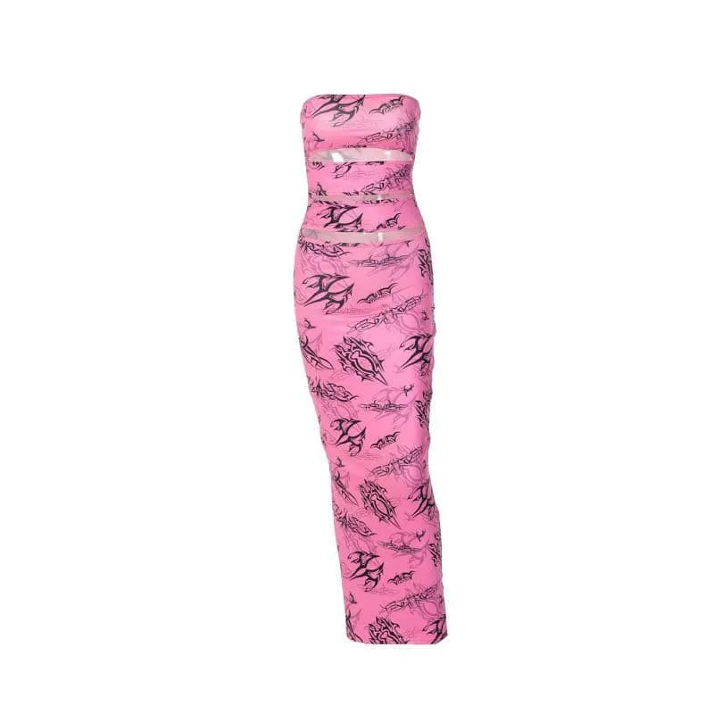 Abstract contrast hollow out backless tube cut out maxi dress