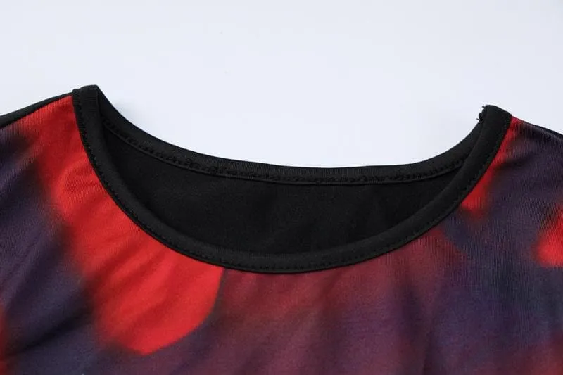 Abstract contrast long sleeve crewneck maxi dress