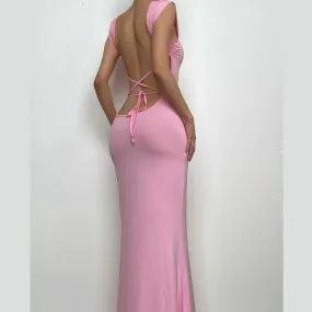 Backless sleeveless lace up self tie solid maxi dress