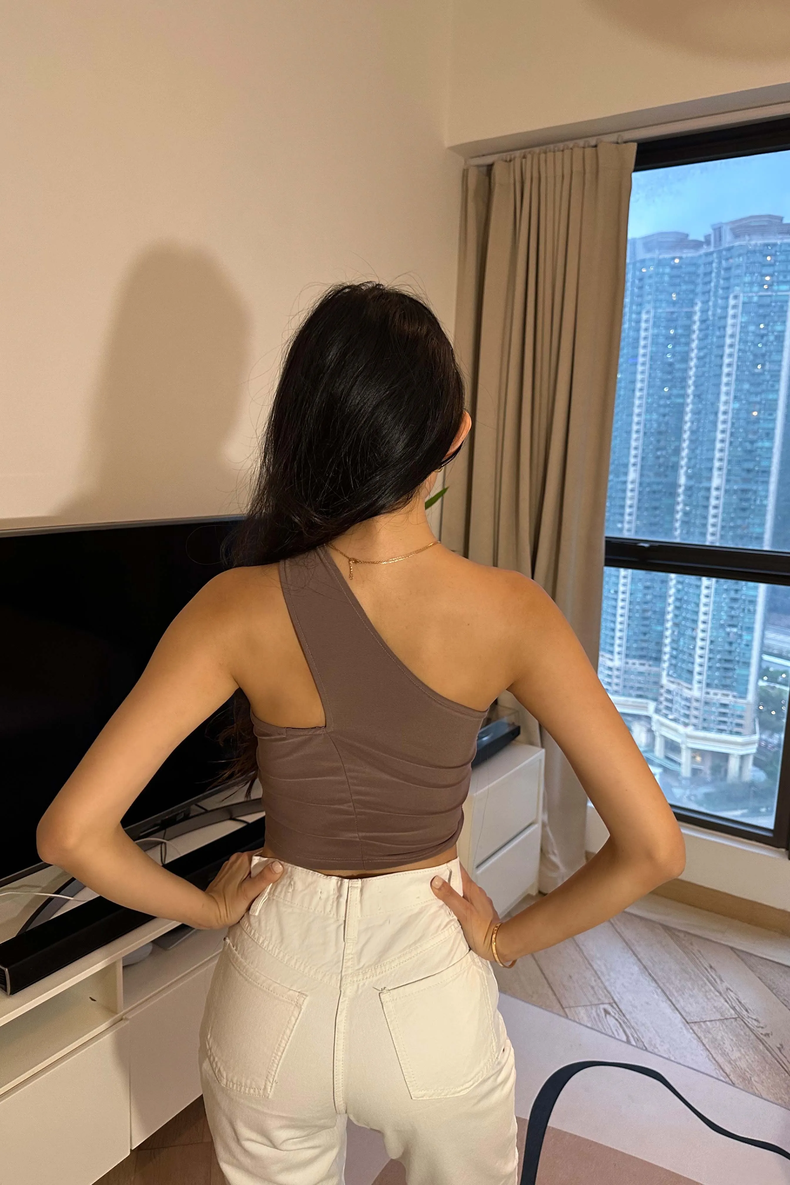 Balle Asymmetrical Ruched Top in Purple (Strap on the Left)