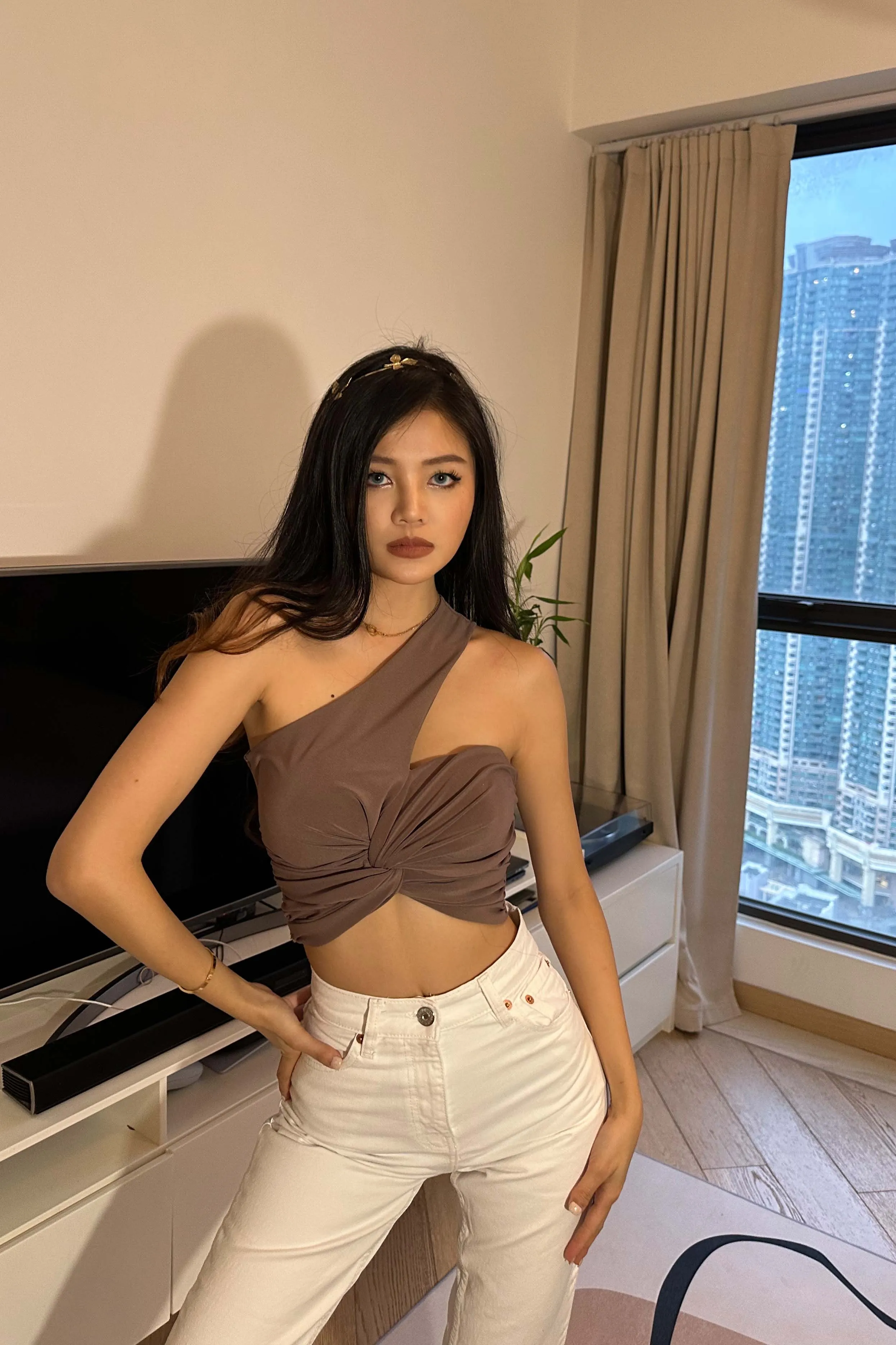 Balle Asymmetrical Ruched Top in Purple (Strap on the Left)