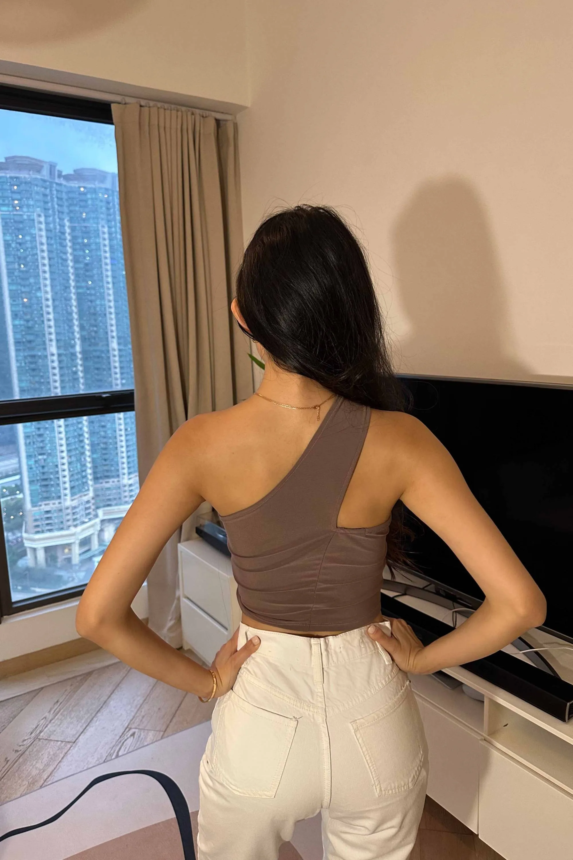 Balle Asymmetrical Ruched Top in Purple (Strap on the Right)