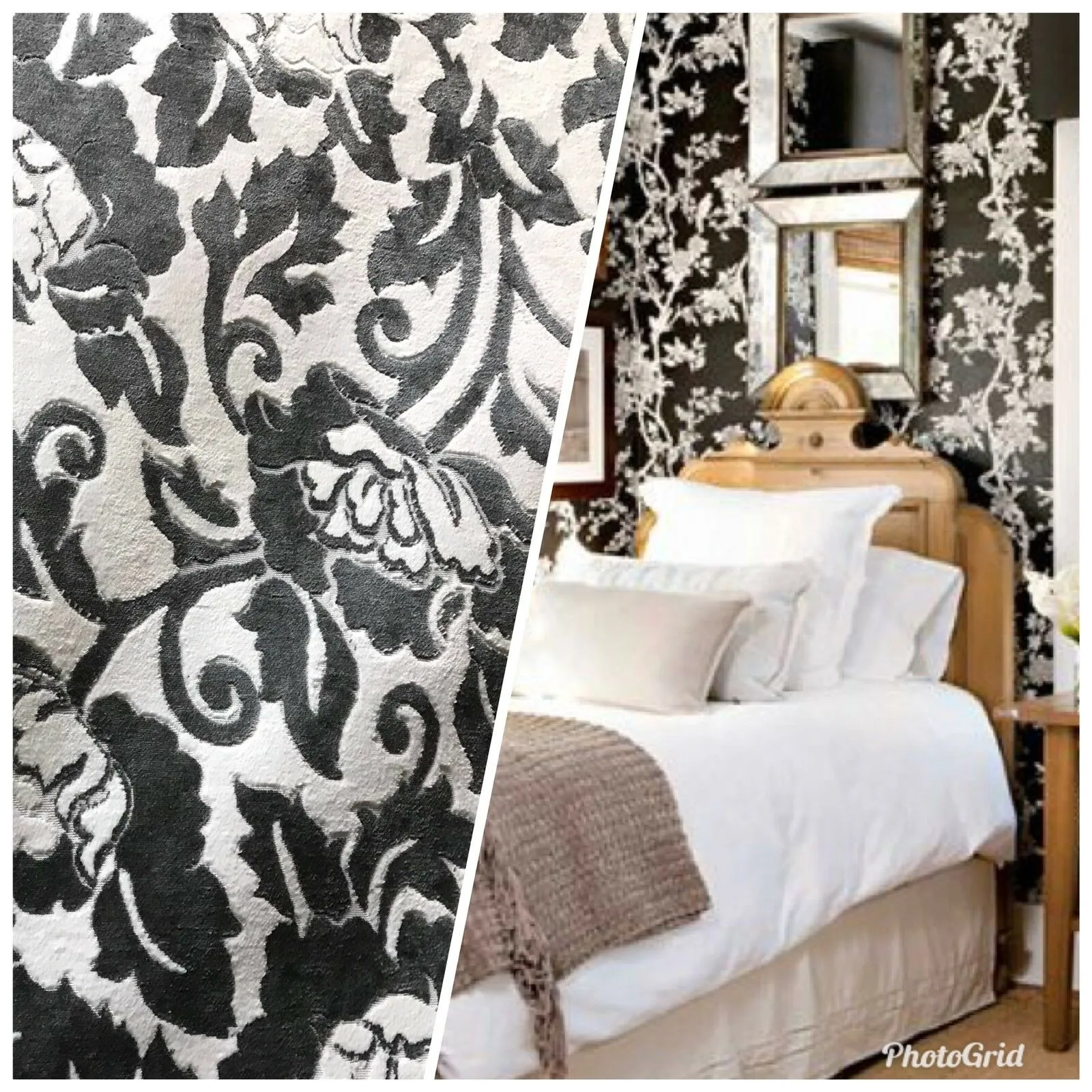 Baroness Angela Burnout Velvet Upholstery Fabric - Floral Charcoal & White LLPVS0008