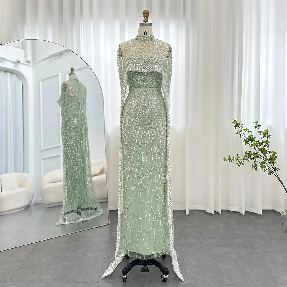 Beaded Strapless Floor-Length Dress with Cape