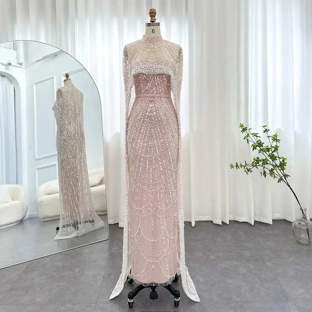 Beaded Strapless Floor-Length Dress with Cape