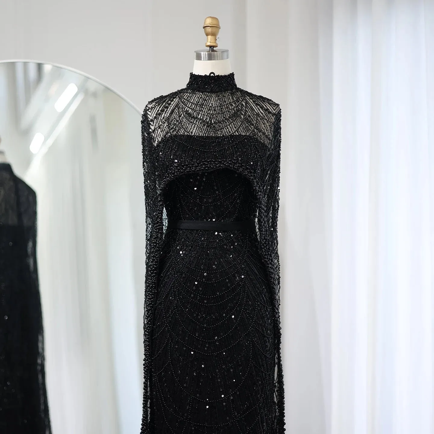 Beaded Strapless Floor-Length Dress with Cape