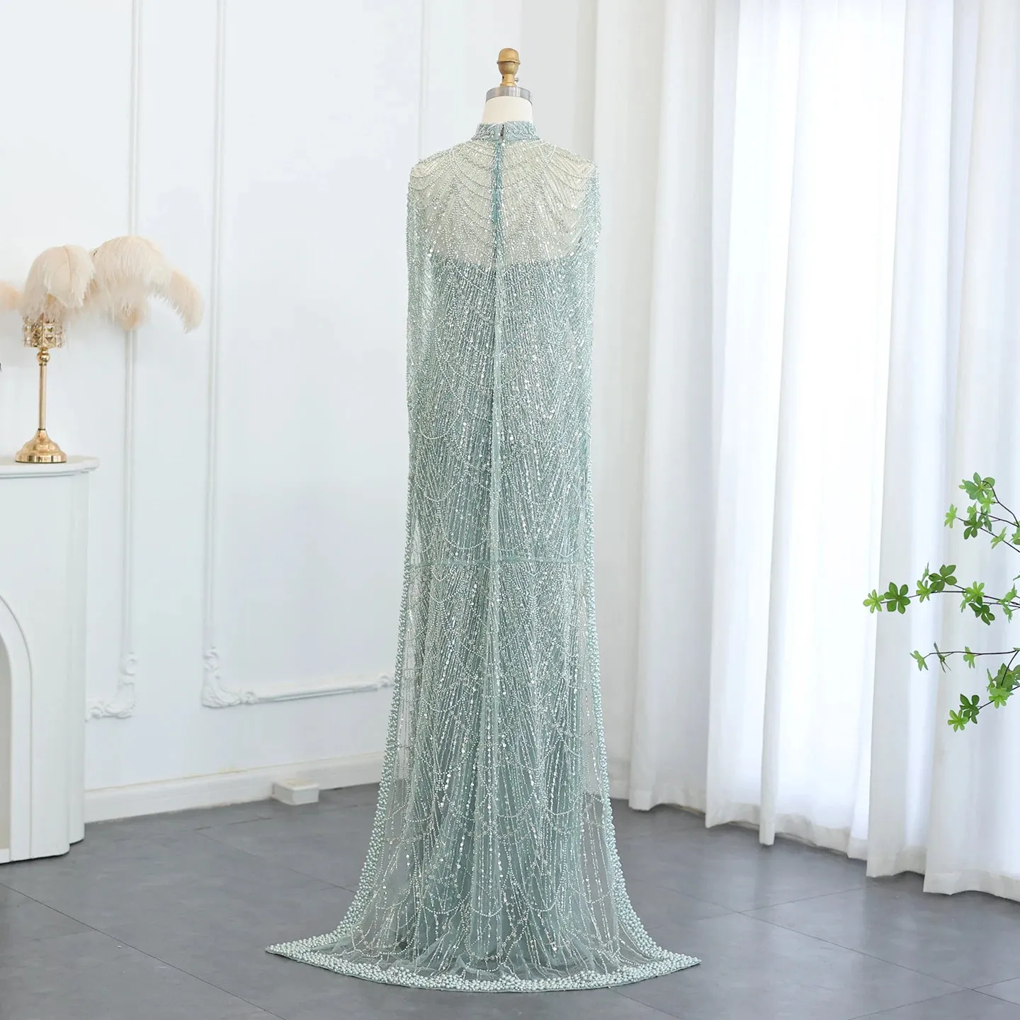 Beaded Strapless Floor-Length Dress with Cape