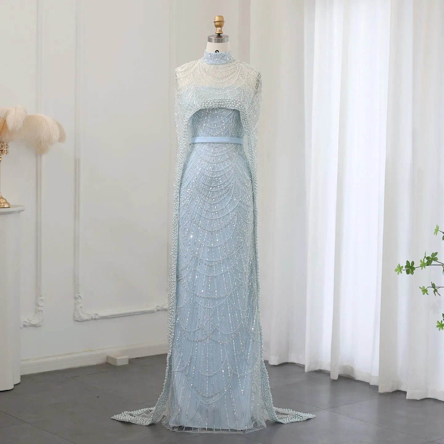 Beaded Strapless Floor-Length Dress with Cape