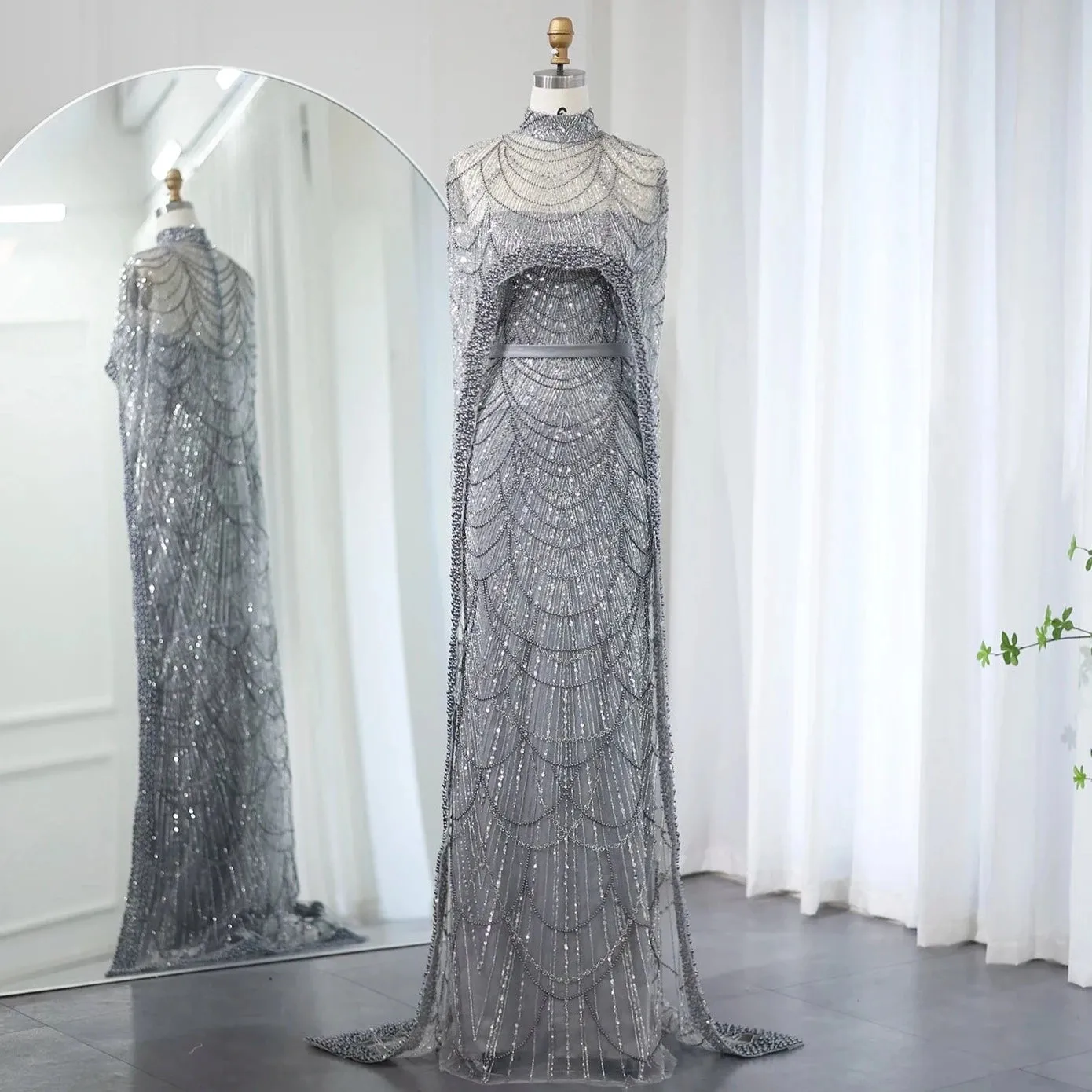 Beaded Strapless Floor-Length Dress with Cape