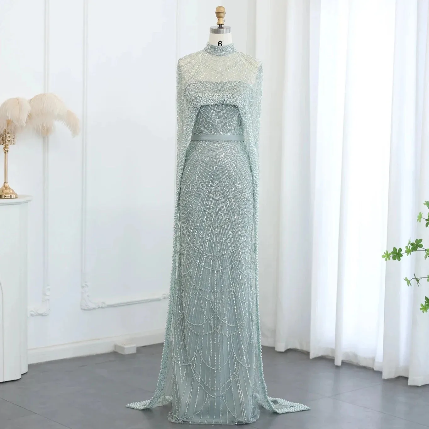 Beaded Strapless Floor-Length Dress with Cape