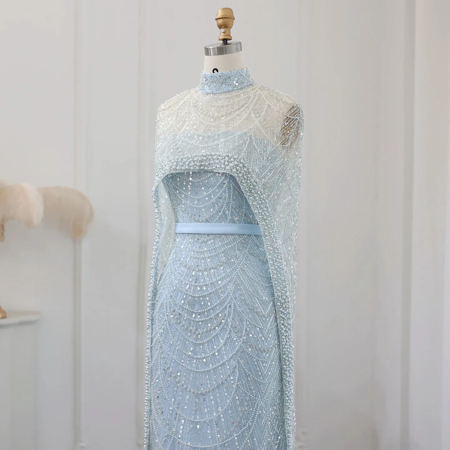 Beaded Strapless Floor-Length Dress with Cape