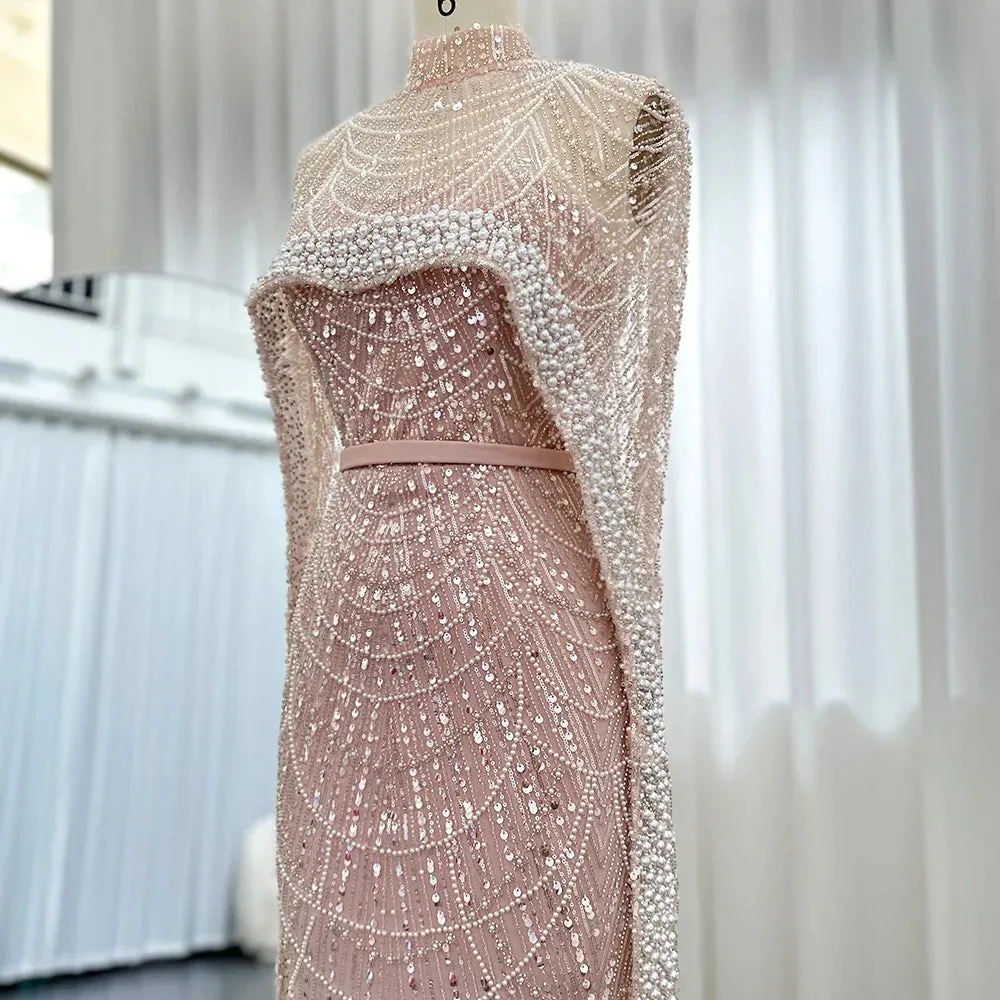 Beaded Strapless Floor-Length Dress with Cape
