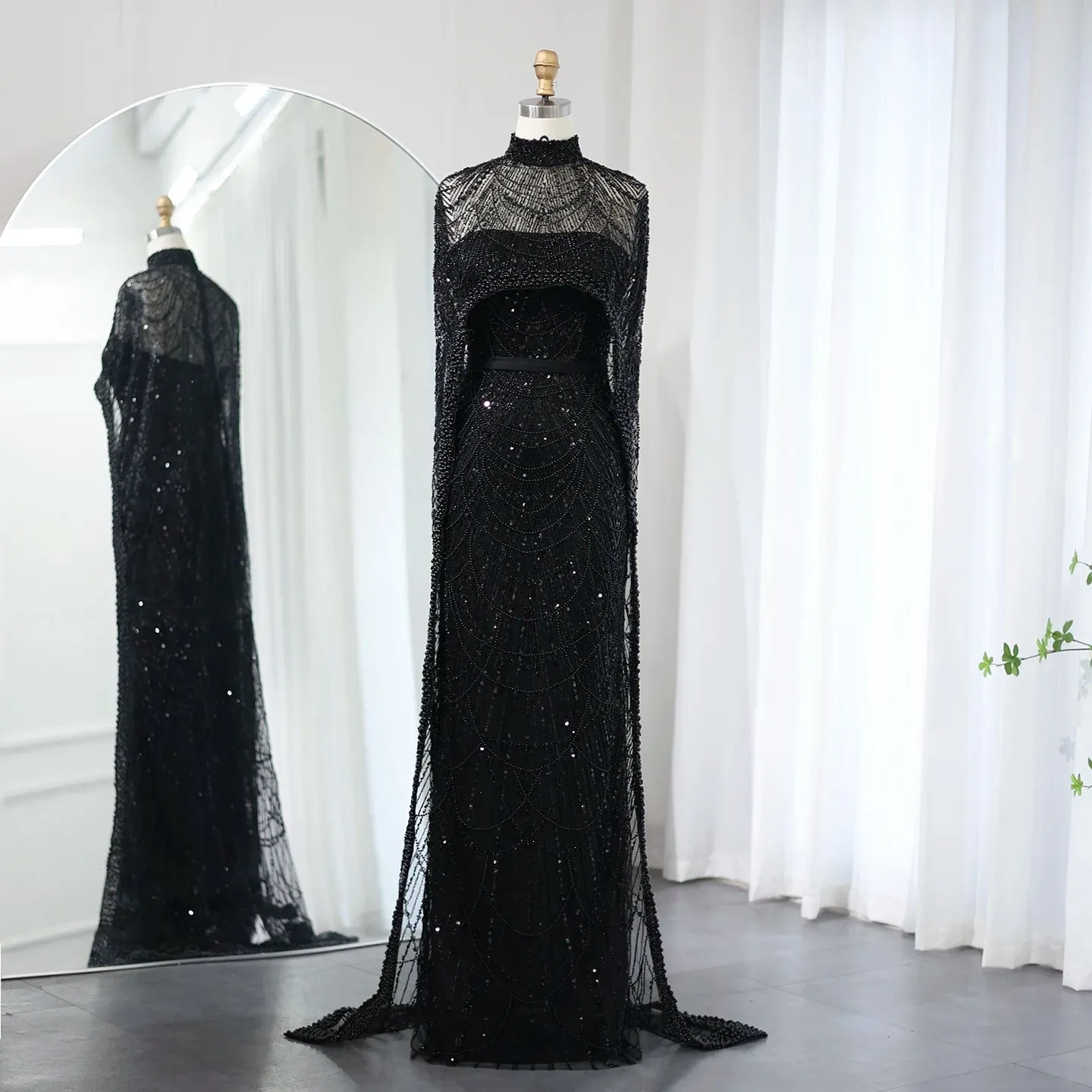 Beaded Strapless Floor-Length Dress with Cape