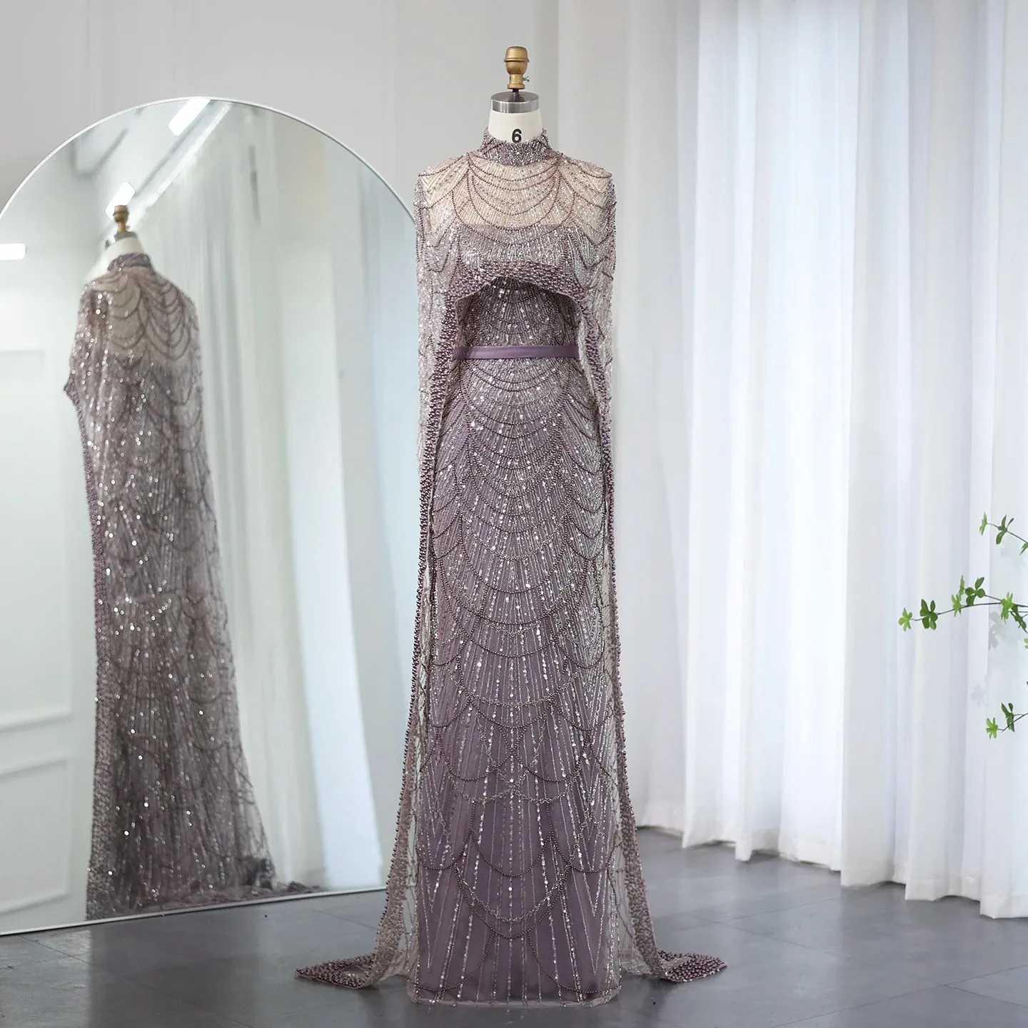 Beaded Strapless Floor-Length Dress with Cape