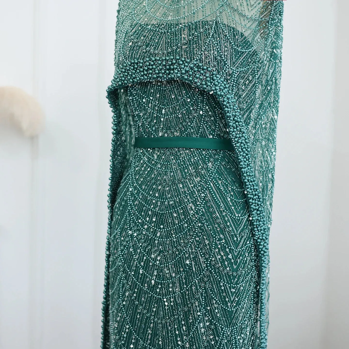 Beaded Strapless Floor-Length Dress with Cape
