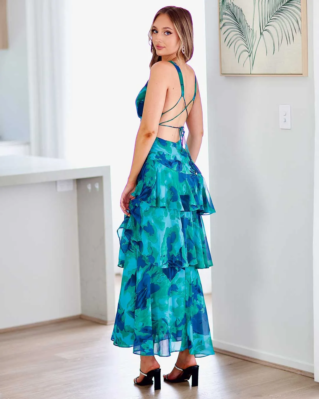 Bella Layered Chiffon Maxi Dress - Blue/Green Print