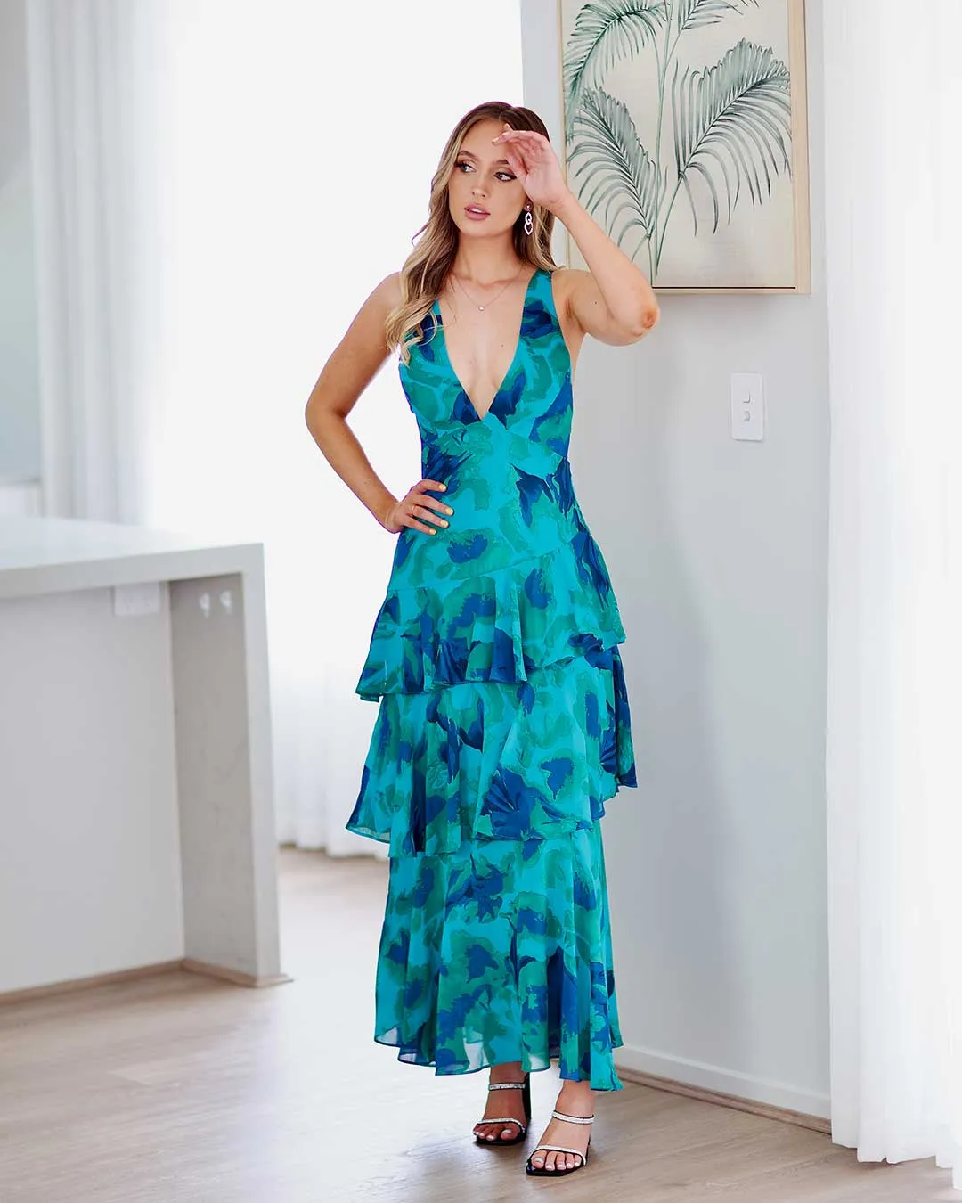 Bella Layered Chiffon Maxi Dress - Blue/Green Print