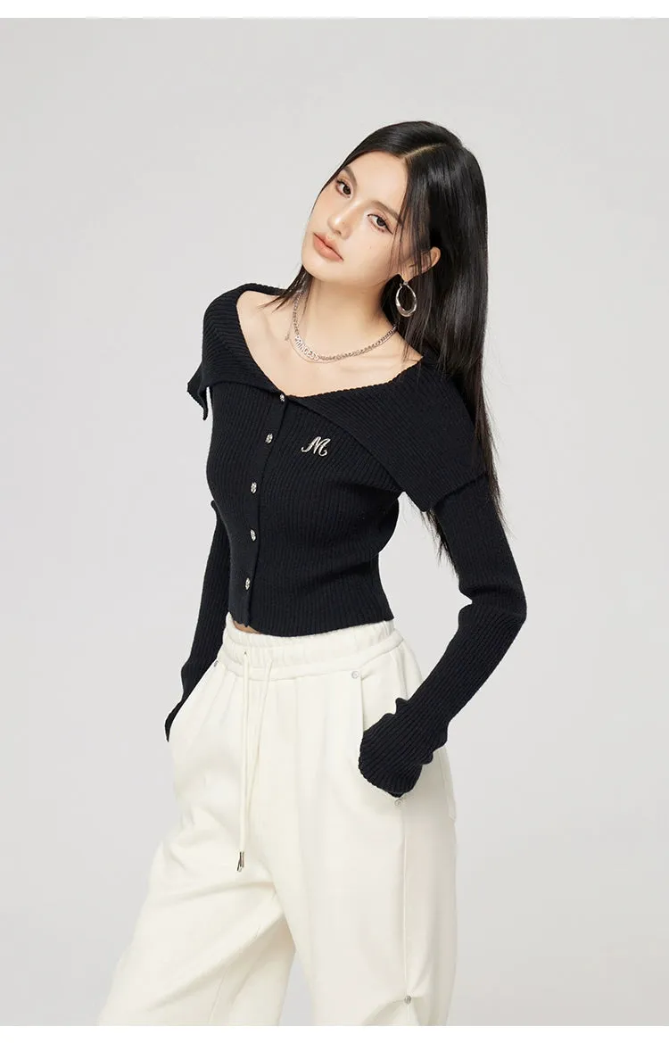 Black & Off-white Turn-down Collar Sweater