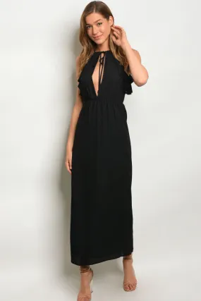 Black Peek A Boo Maxi Dress with Ruffled Accents