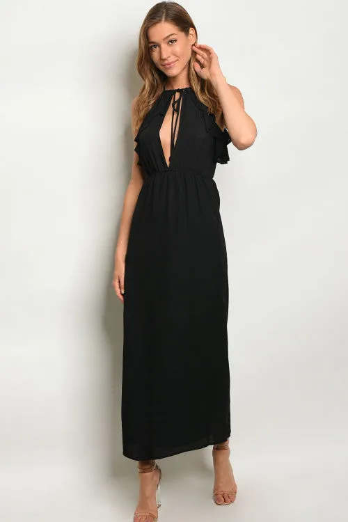 Black Peek A Boo Maxi Dress with Ruffled Accents