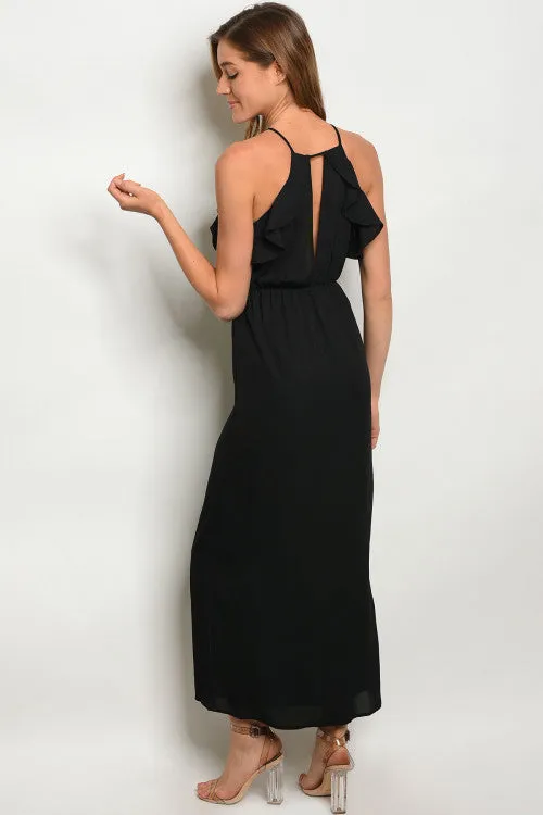 Black Peek A Boo Maxi Dress with Ruffled Accents