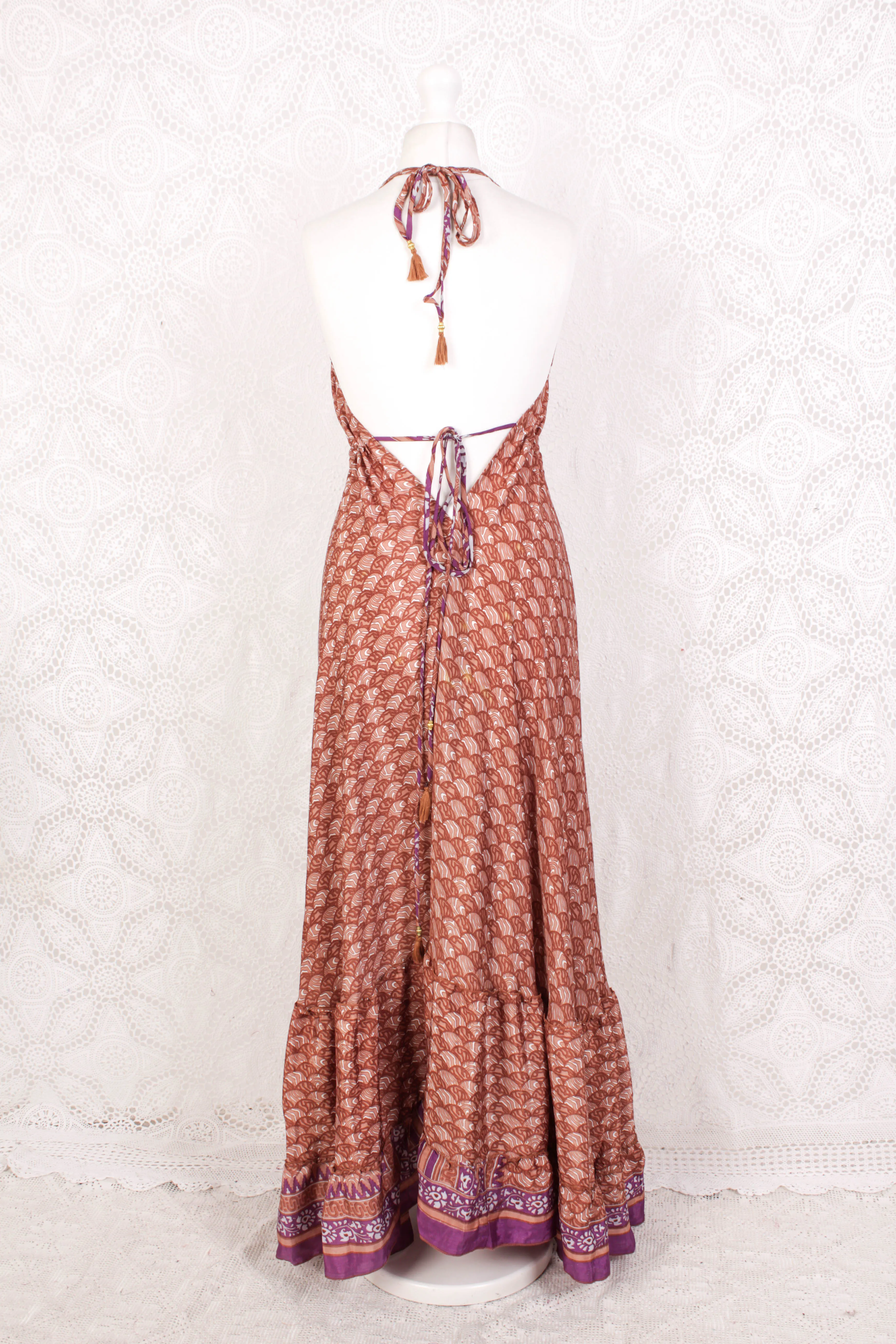 Blossom Maxi Halter Dress - Vintage Indian Sari - Soft Clay & Purple Graphic Print - Free Size