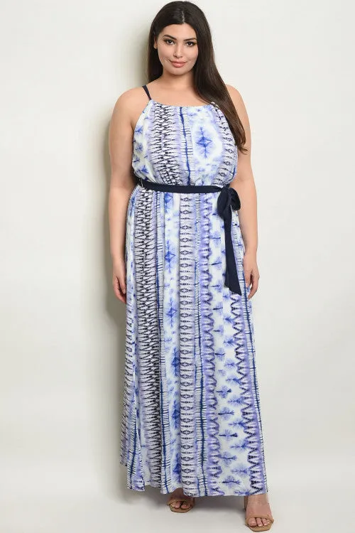 Blue and White Tie Dye Plus Size Maxi Dress