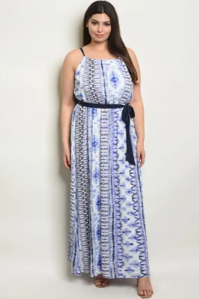 Blue and White Tie Dye Plus Size Maxi Dress