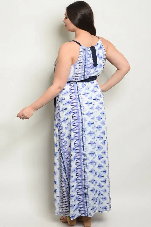 Blue and White Tie Dye Plus Size Maxi Dress