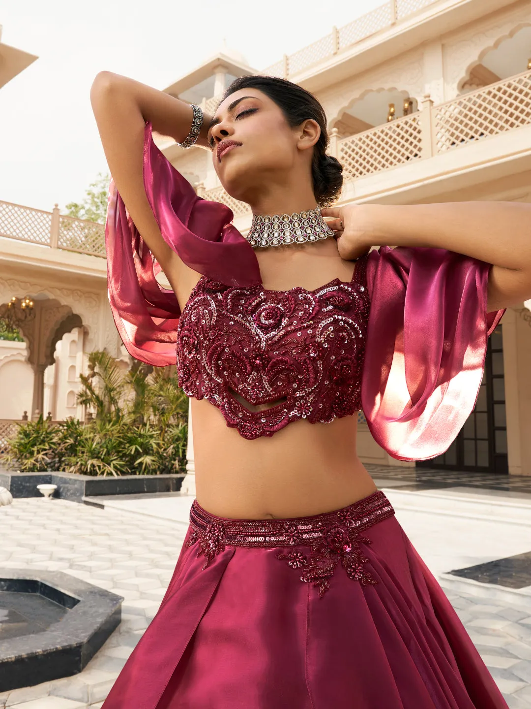 Burgundy Imported Satin Tissue Lehenga