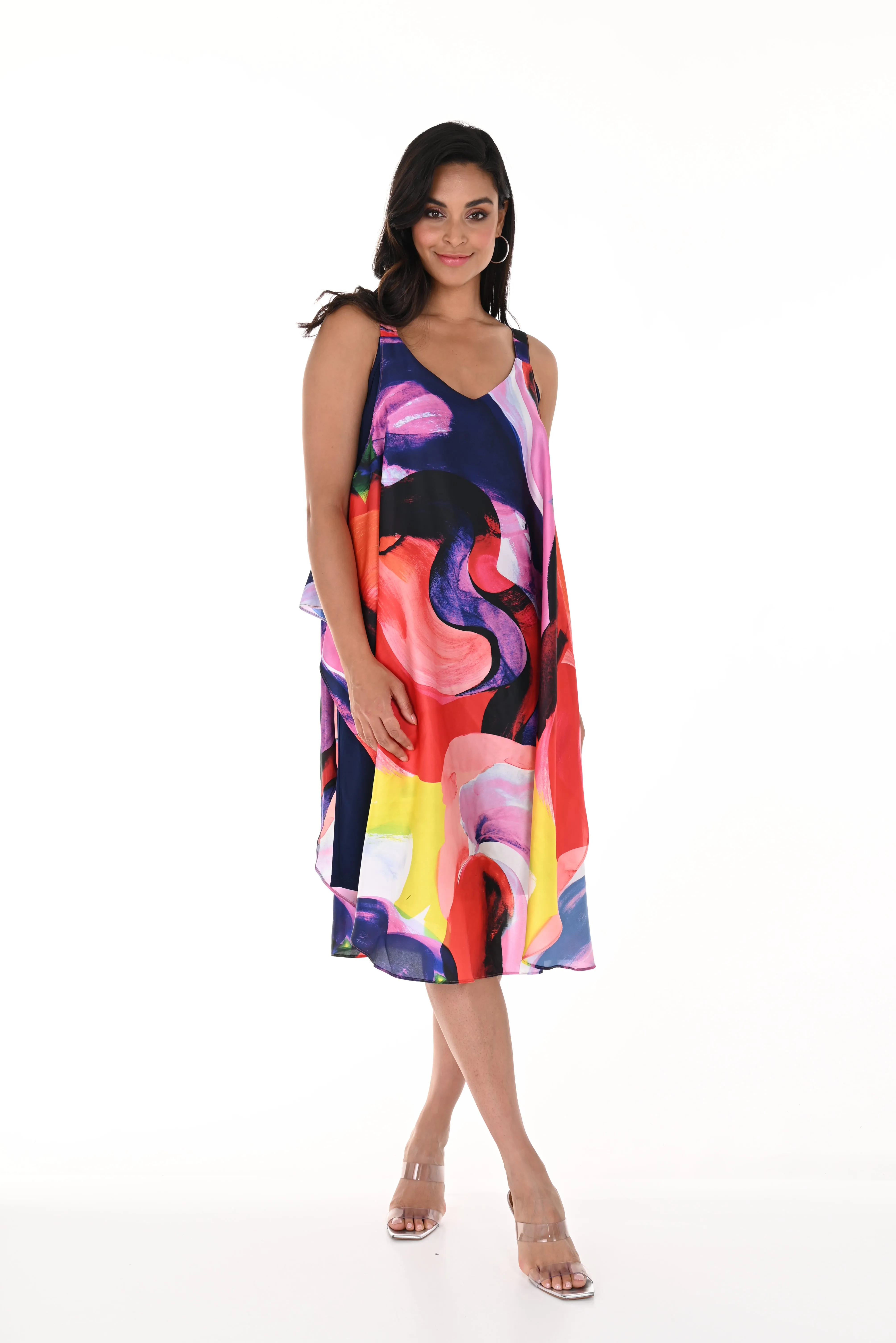 Cape Shoulder Abstract Print Dress