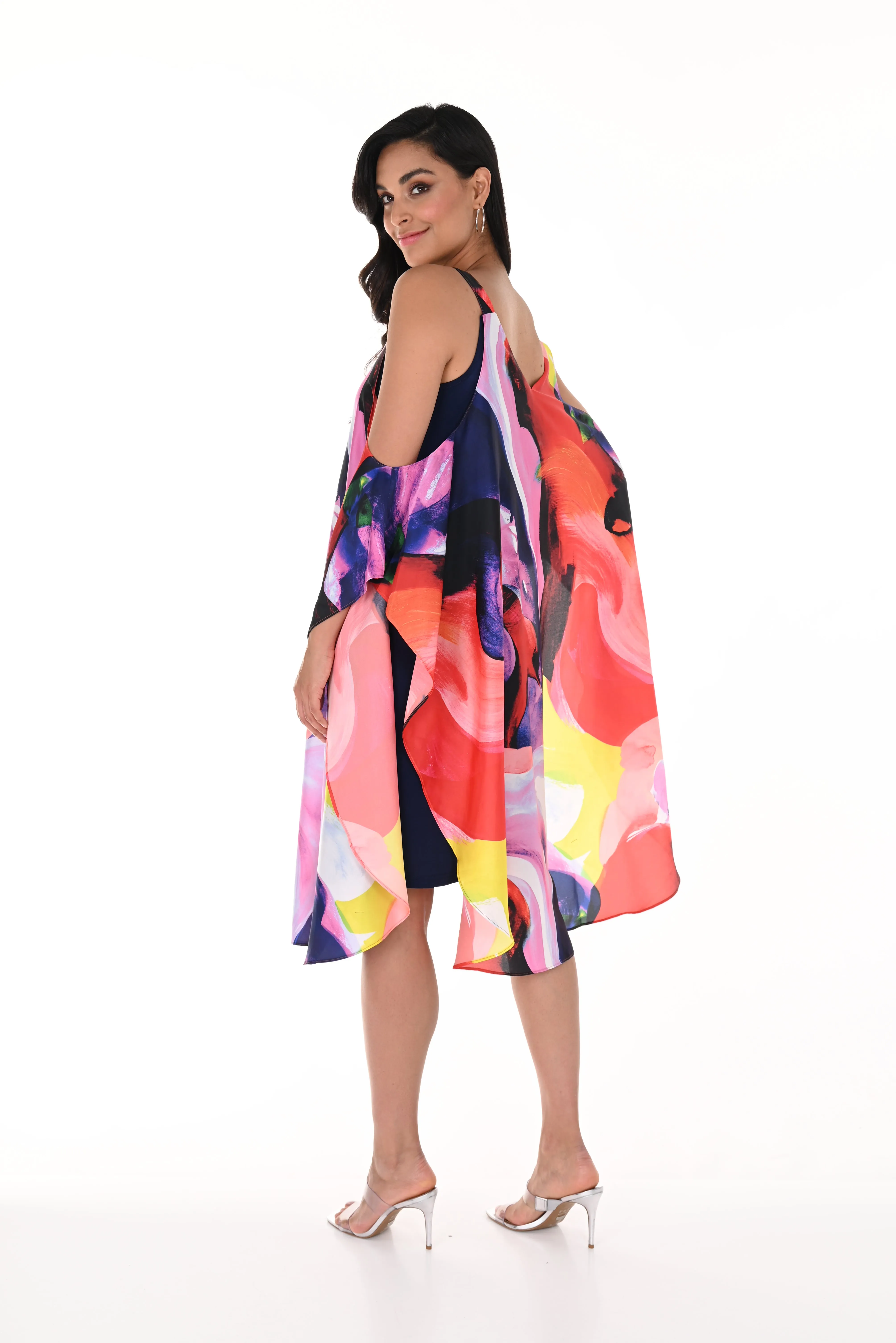 Cape Shoulder Abstract Print Dress