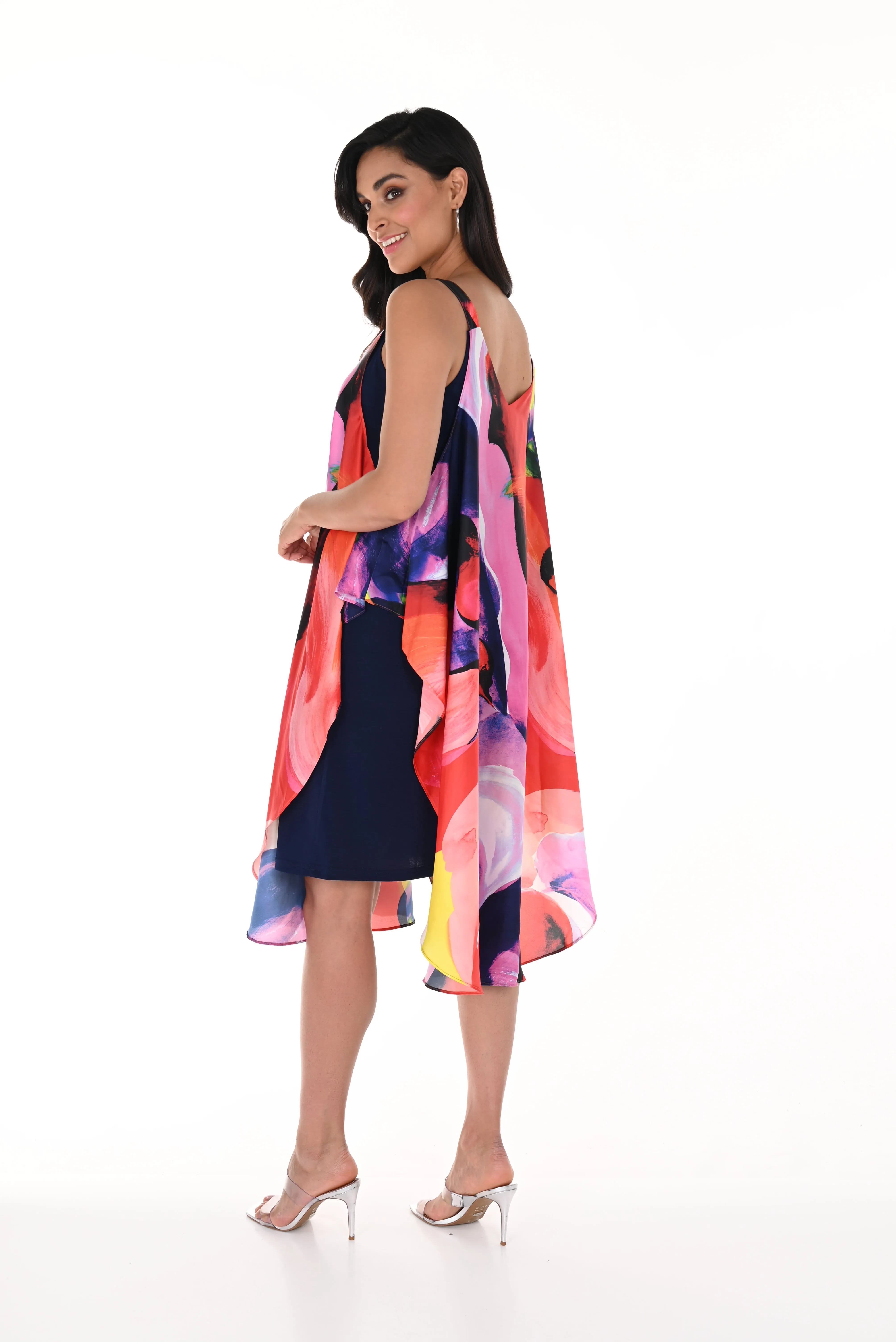 Cape Shoulder Abstract Print Dress
