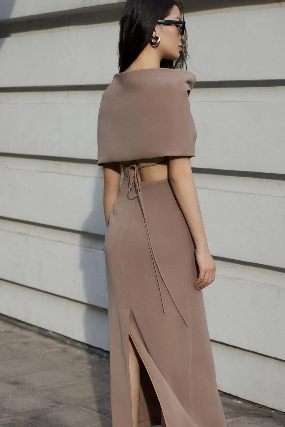 Contessa Sheath Batwing Sleeved Crepe Ankle Length Dress