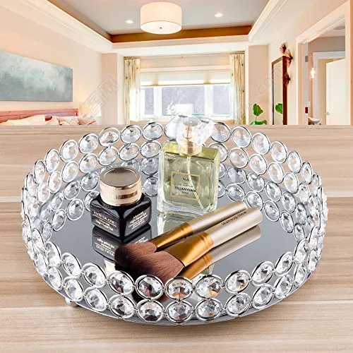 Crystal Beads Round Mirrored Decorative Tray