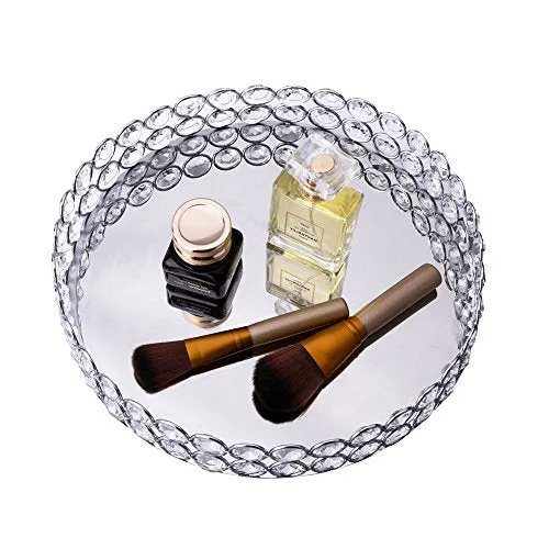 Crystal Beads Round Mirrored Decorative Tray