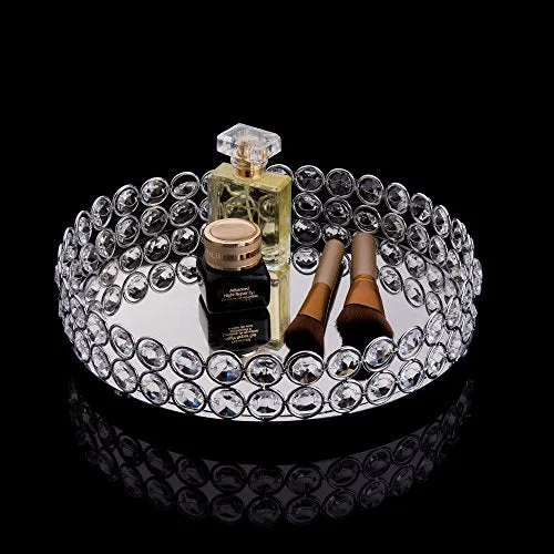 Crystal Beads Round Mirrored Decorative Tray