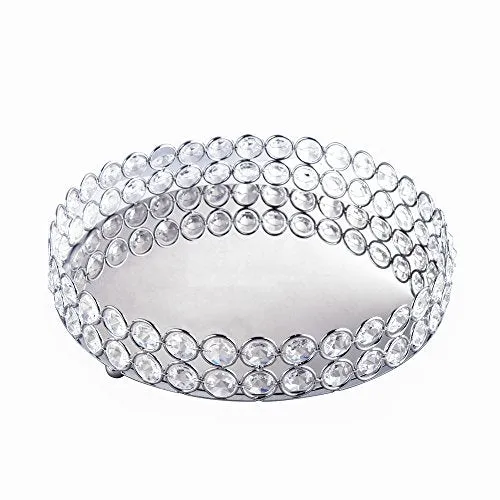 Crystal Beads Round Mirrored Decorative Tray