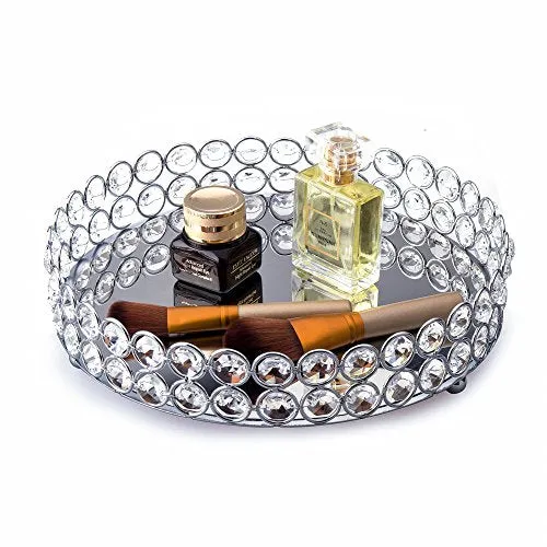 Crystal Beads Round Mirrored Decorative Tray