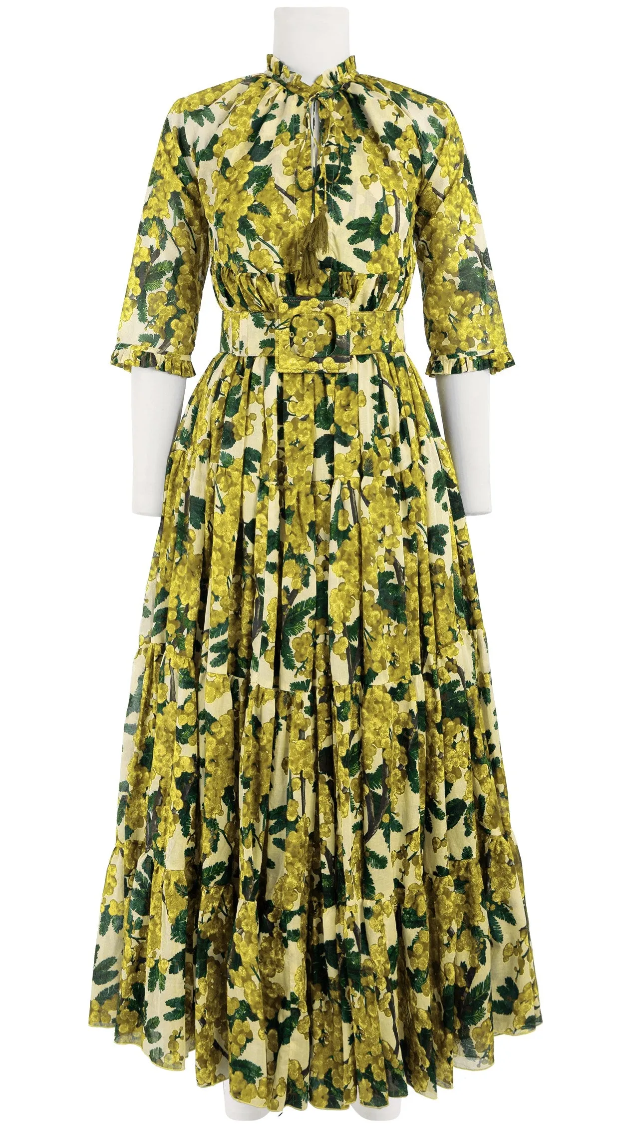 Eden Dress Crew Neck 3/4 Sleeve with Hamilton Belt Maxi Length Cotton Musola (Mimosa Small Ground)
