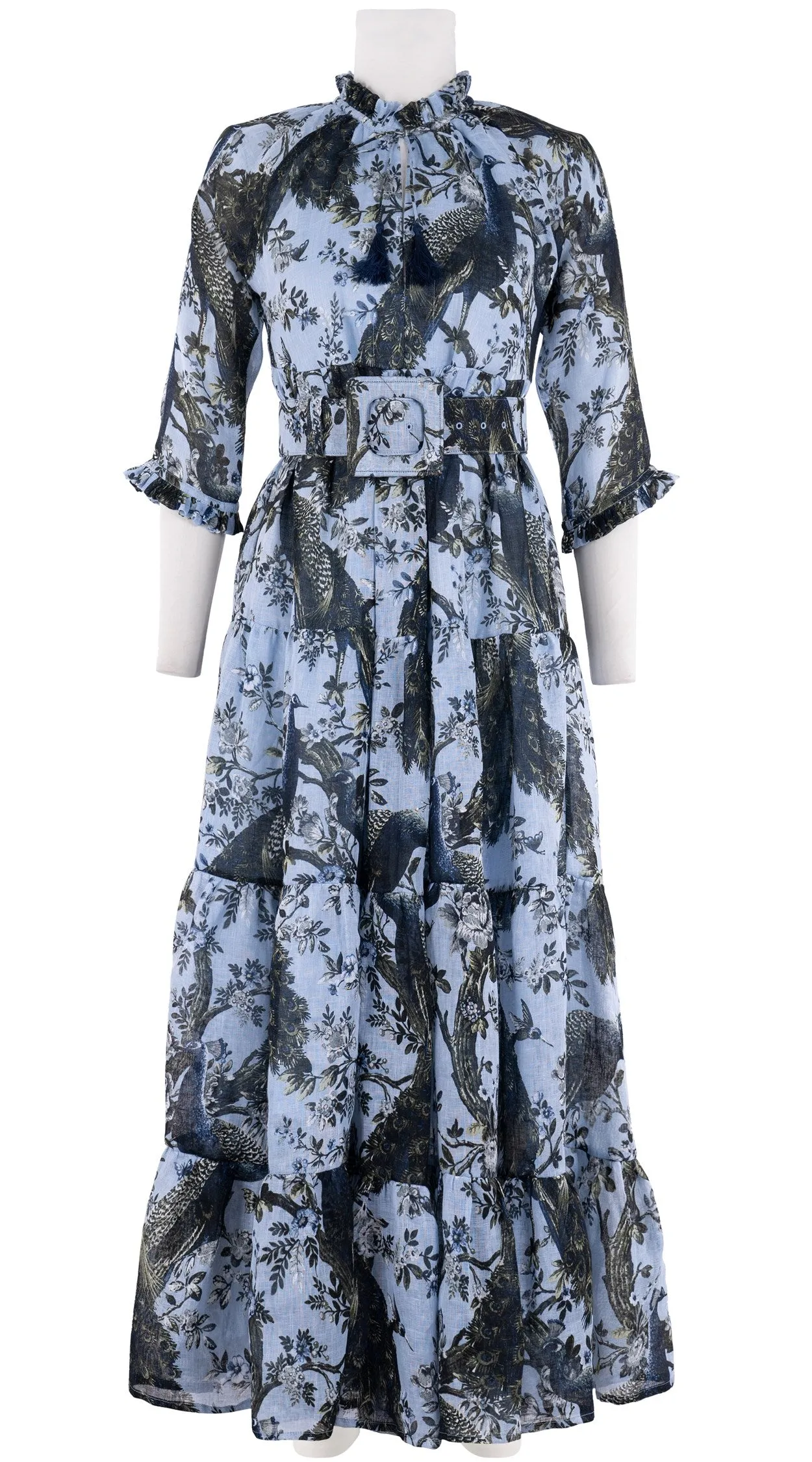 Eden Dress Crew Neck 3/4 Sleeve with Hamilton Belt Maxi Plus Length Linen (Belvedere Peacok)