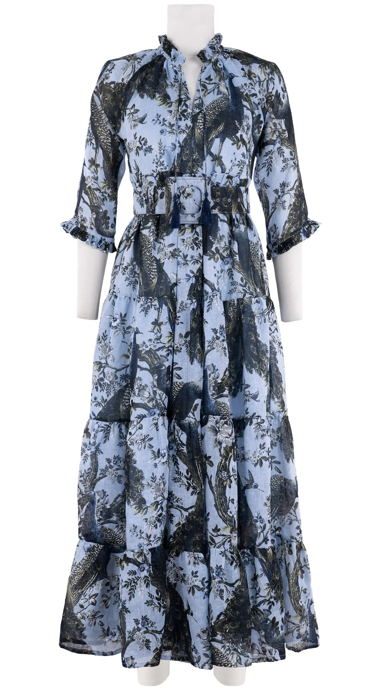 Eden Dress Crew Neck 3/4 Sleeve with Hamilton Belt Maxi Plus Length Linen (Belvedere Peacok)