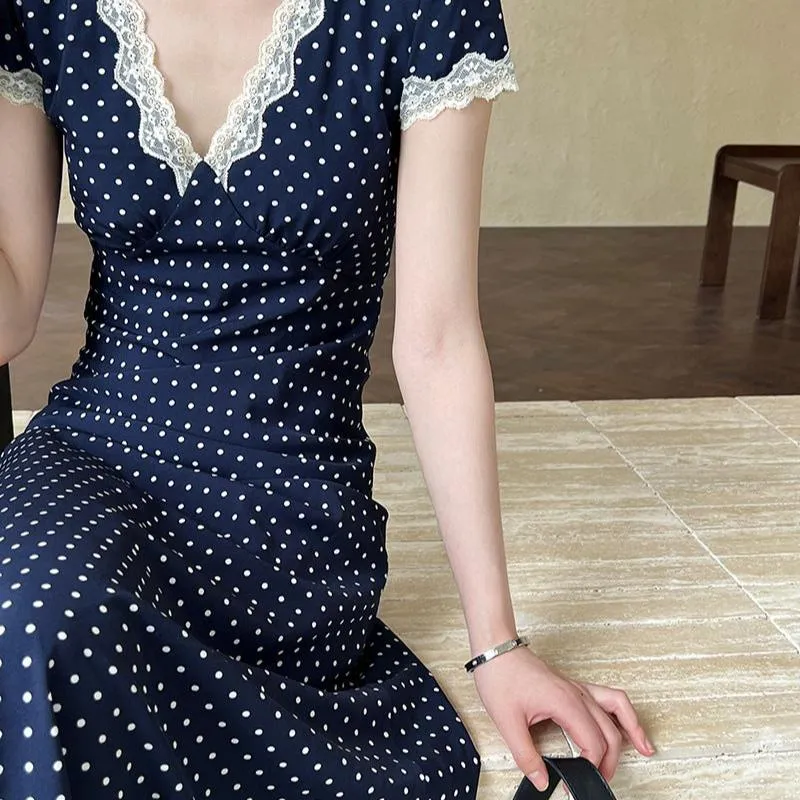 French Polka Dot Lace Long Dress
