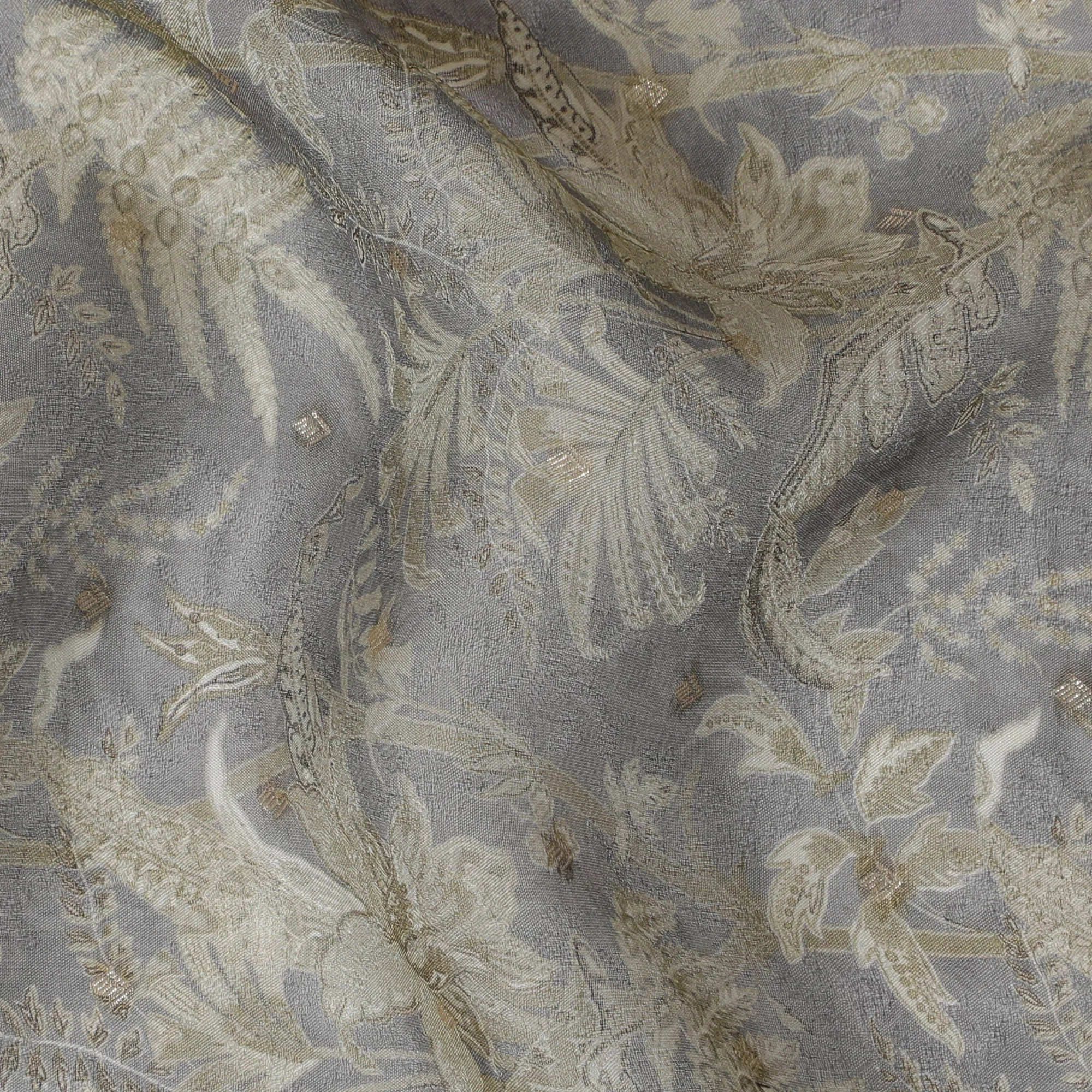 Gray and Gold Floral Synthetic Organza Fabric - 110 cm Width, Made in India-D19648