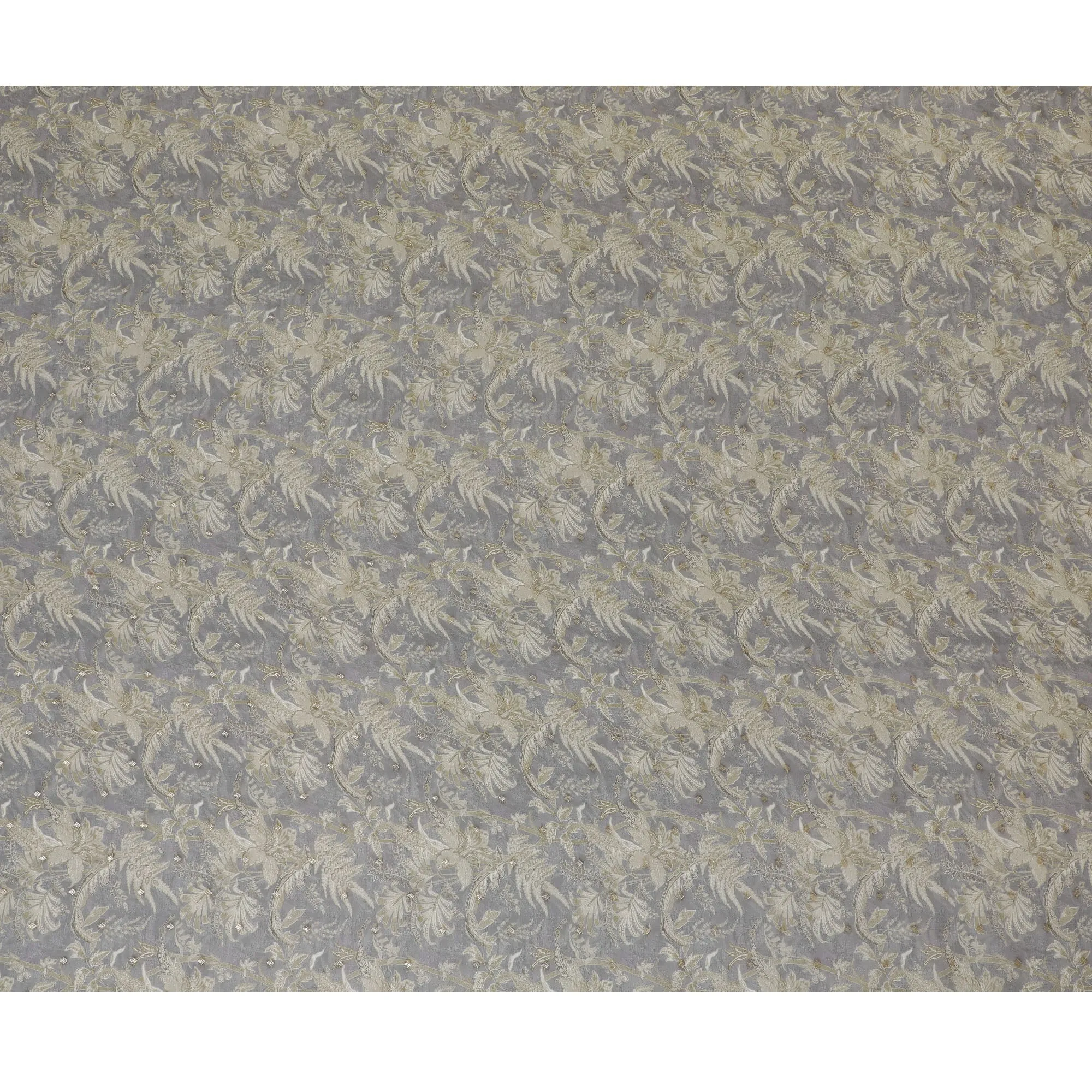 Gray and Gold Floral Synthetic Organza Fabric - 110 cm Width, Made in India-D19648