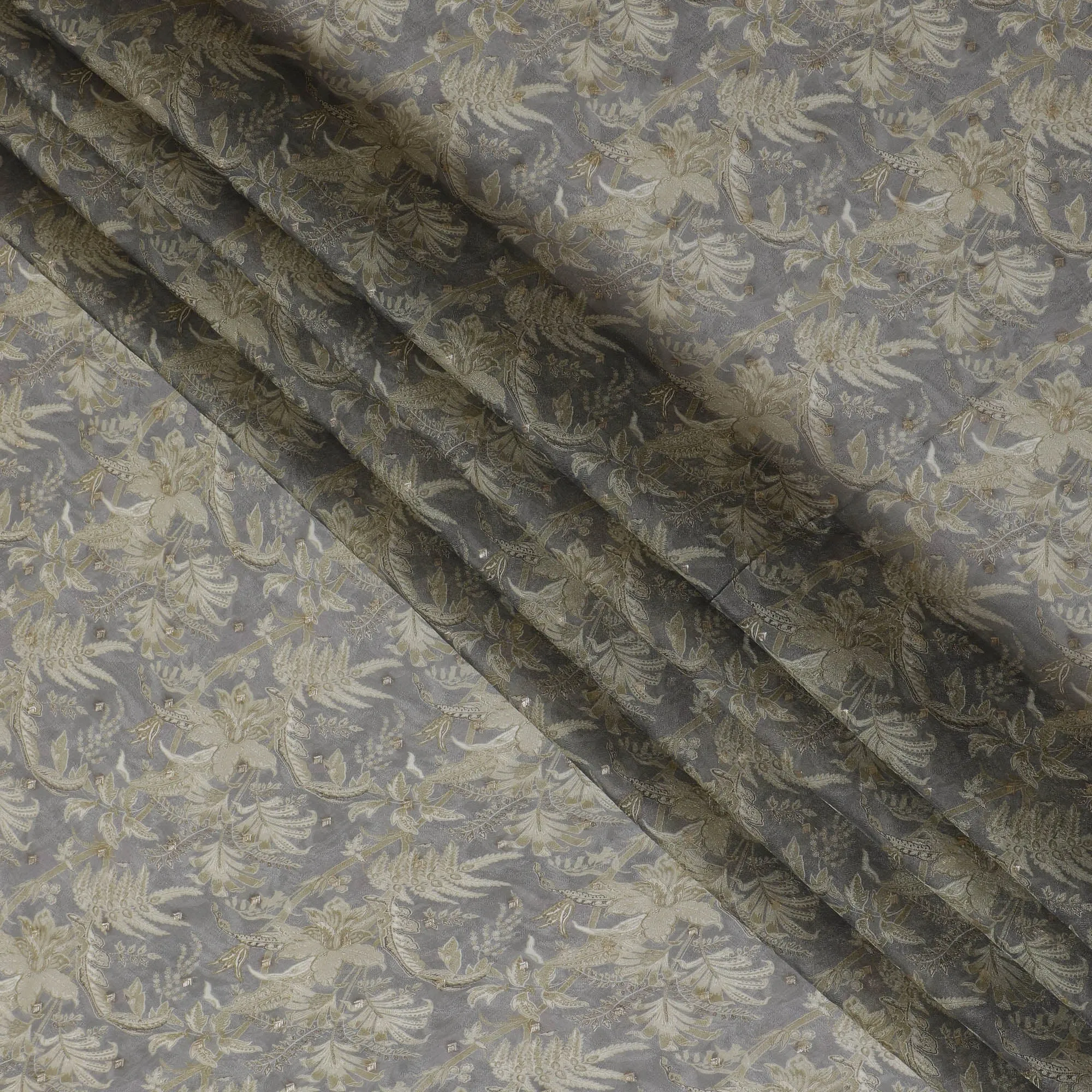 Gray and Gold Floral Synthetic Organza Fabric - 110 cm Width, Made in India-D19648