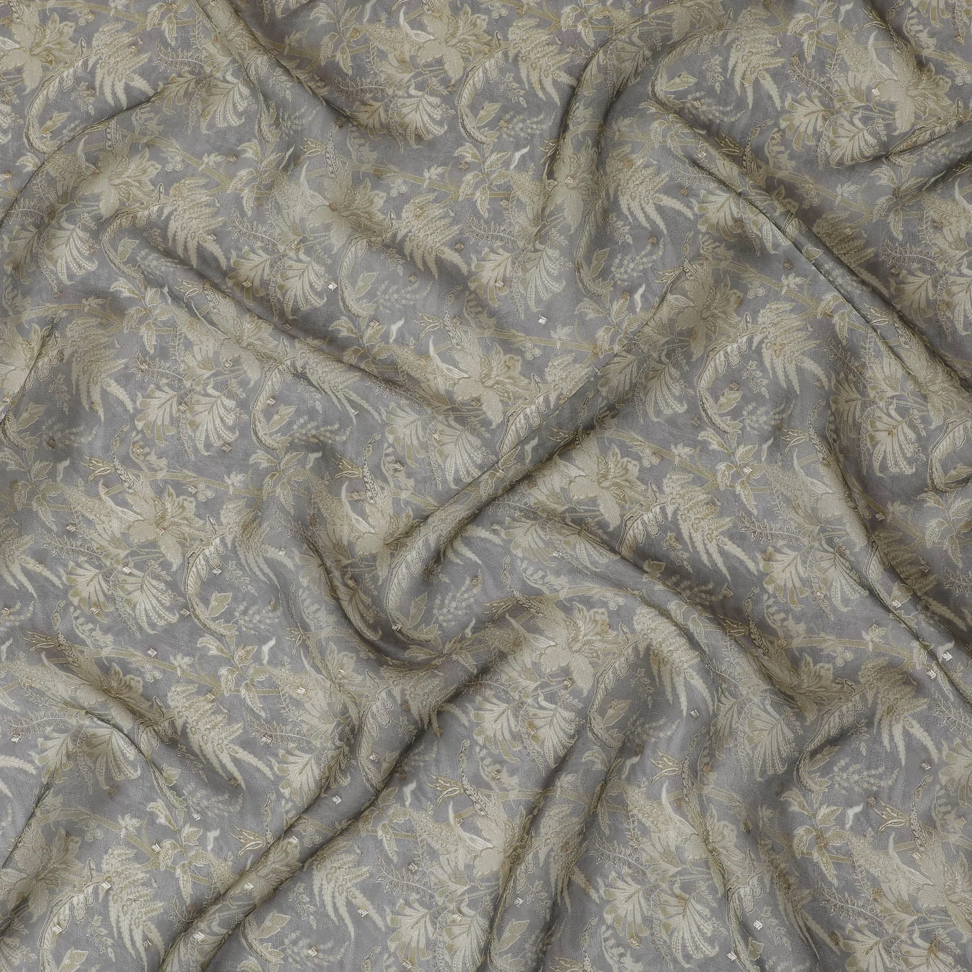 Gray and Gold Floral Synthetic Organza Fabric - 110 cm Width, Made in India-D19648