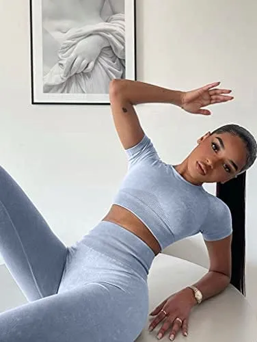 HYZ Workout Sets for Women 2 Piece Acid Wash High Waist Leggings Gym Crop Top Outfits Bluegrey