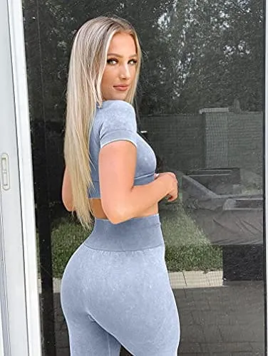 HYZ Workout Sets for Women 2 Piece Acid Wash High Waist Leggings Gym Crop Top Outfits Bluegrey