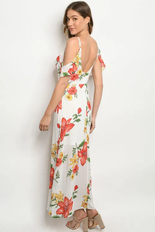 Ivory Floral Cold Shoulder Maxi Dress